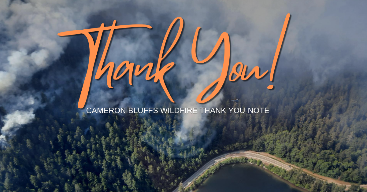 Thank you-note, Cameron Bluffs wildfire